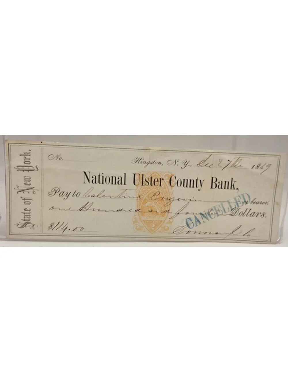 1869 National Ulster County Bank Check Kingston NY Revenue Stamp Cancelled